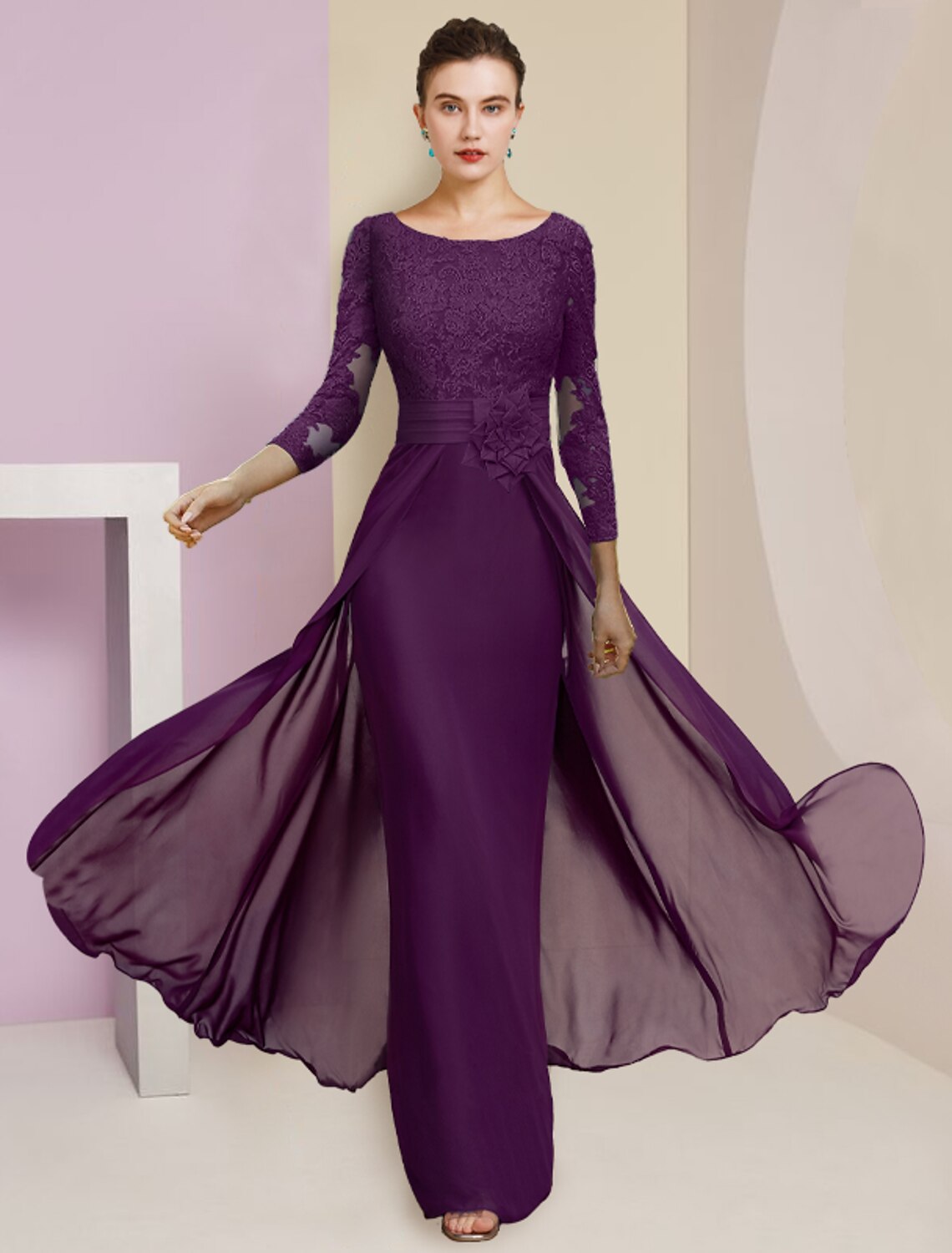 Wholesale  Sheath / Column Mother of the Bride Dress Formal Elegant Scoop Neck Floor Length Chiffon Lace 3/4 Length Sleeve with Appliques Flower